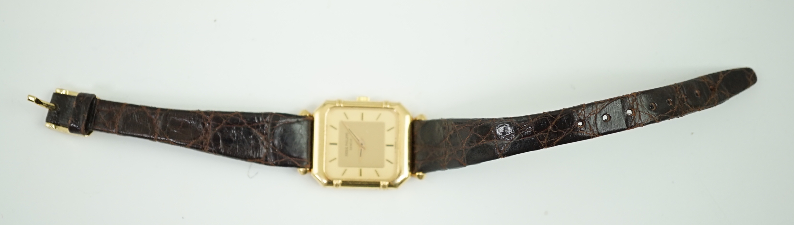A lady's 18ct gold Patek Philippe manual wind square dial wrist watch